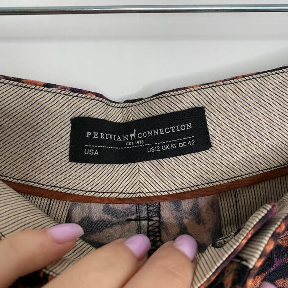 Peruvian Connection Pants  Rust Leaf Print Black Straight Leg Mid Rise Pockets - Picture 11 of 12